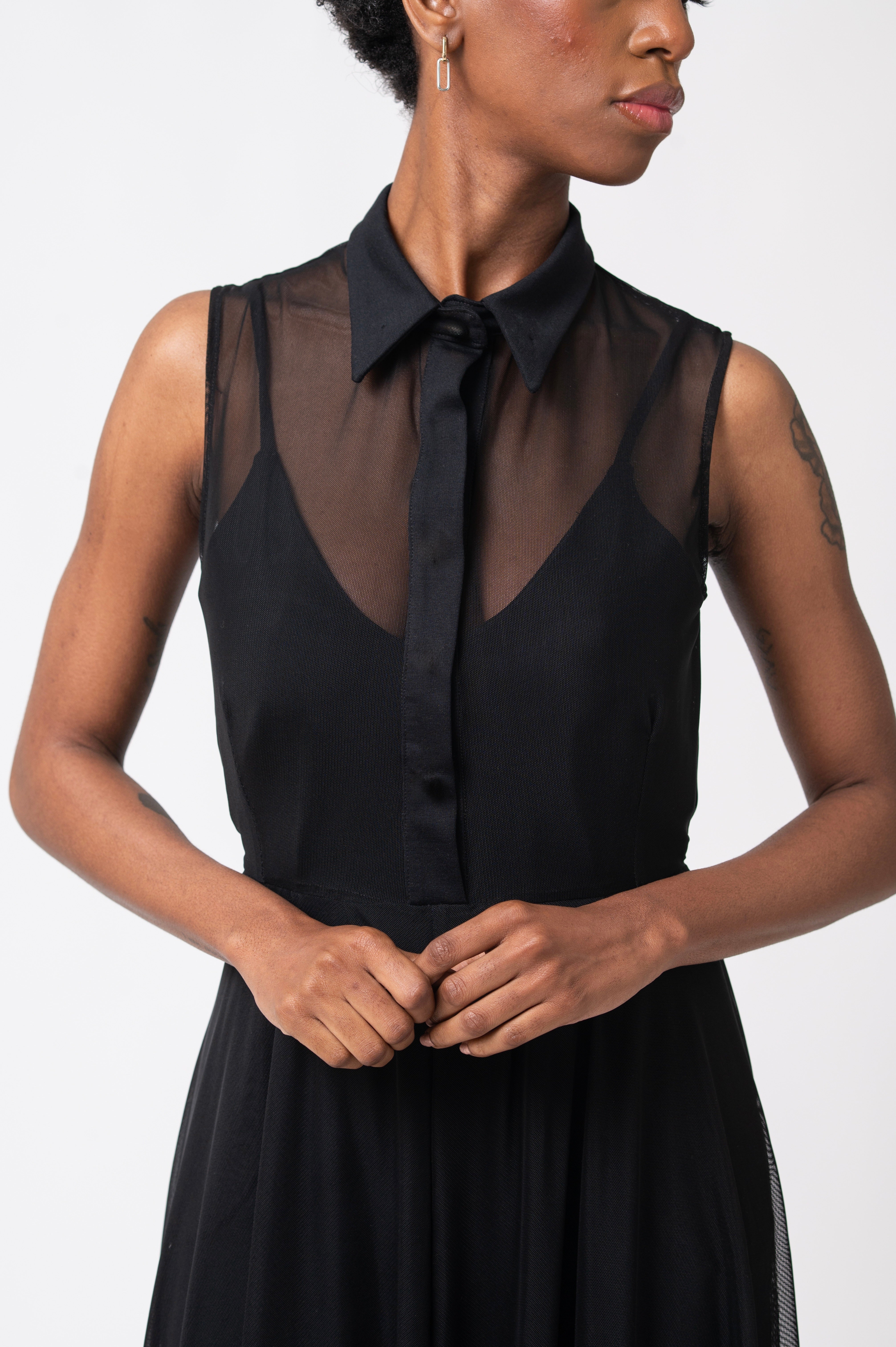 mesh collar dress Sheer Mesh High-Neck Elegant Maxi Dress Black / M