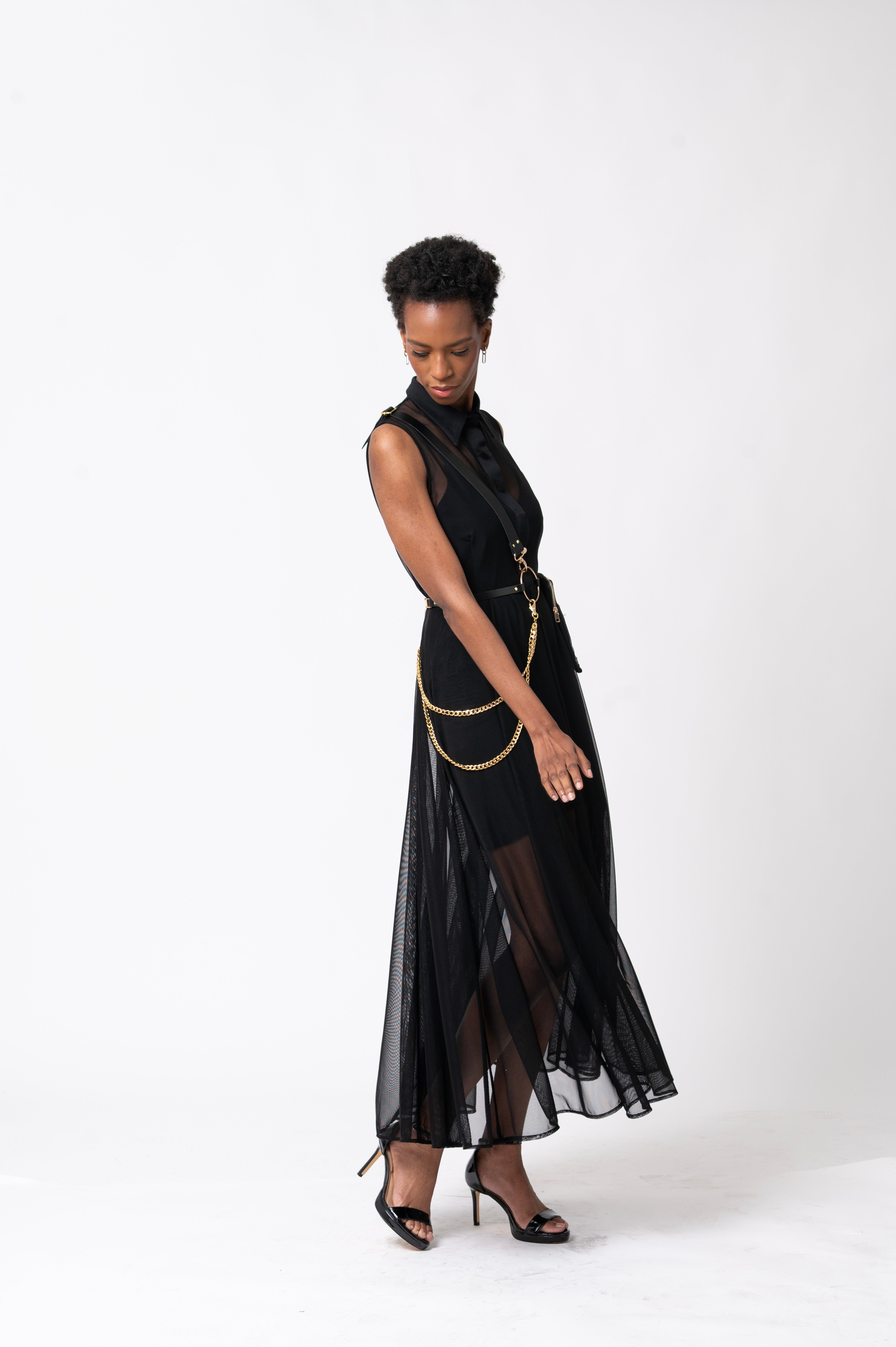 maxi mesh dress black VM Mesh Maxi Collar Dress – Yellowcake Shop