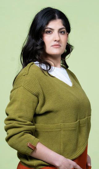 Asymmetrical Sweater with Leather Detail