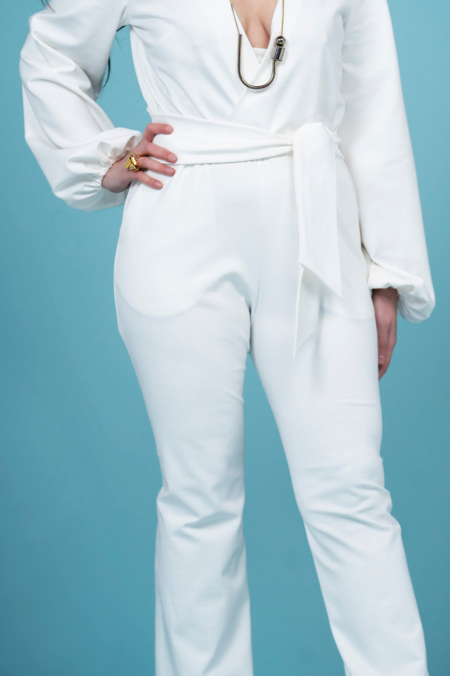 Long Sleeve Faux Wrap Jumpsuit