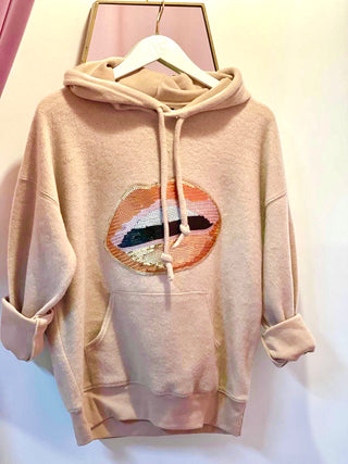 Pink/Beige Sequined Lips on Tan Fleece Hoodie