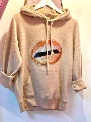 Pink/Beige Sequined Lips on Tan Fleece Hoodie