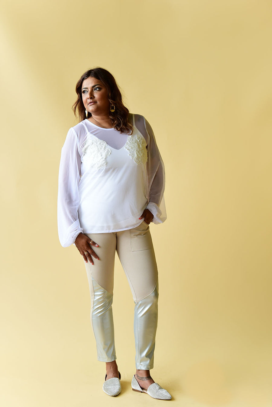 Mesh blouse w/floral lace appliqués