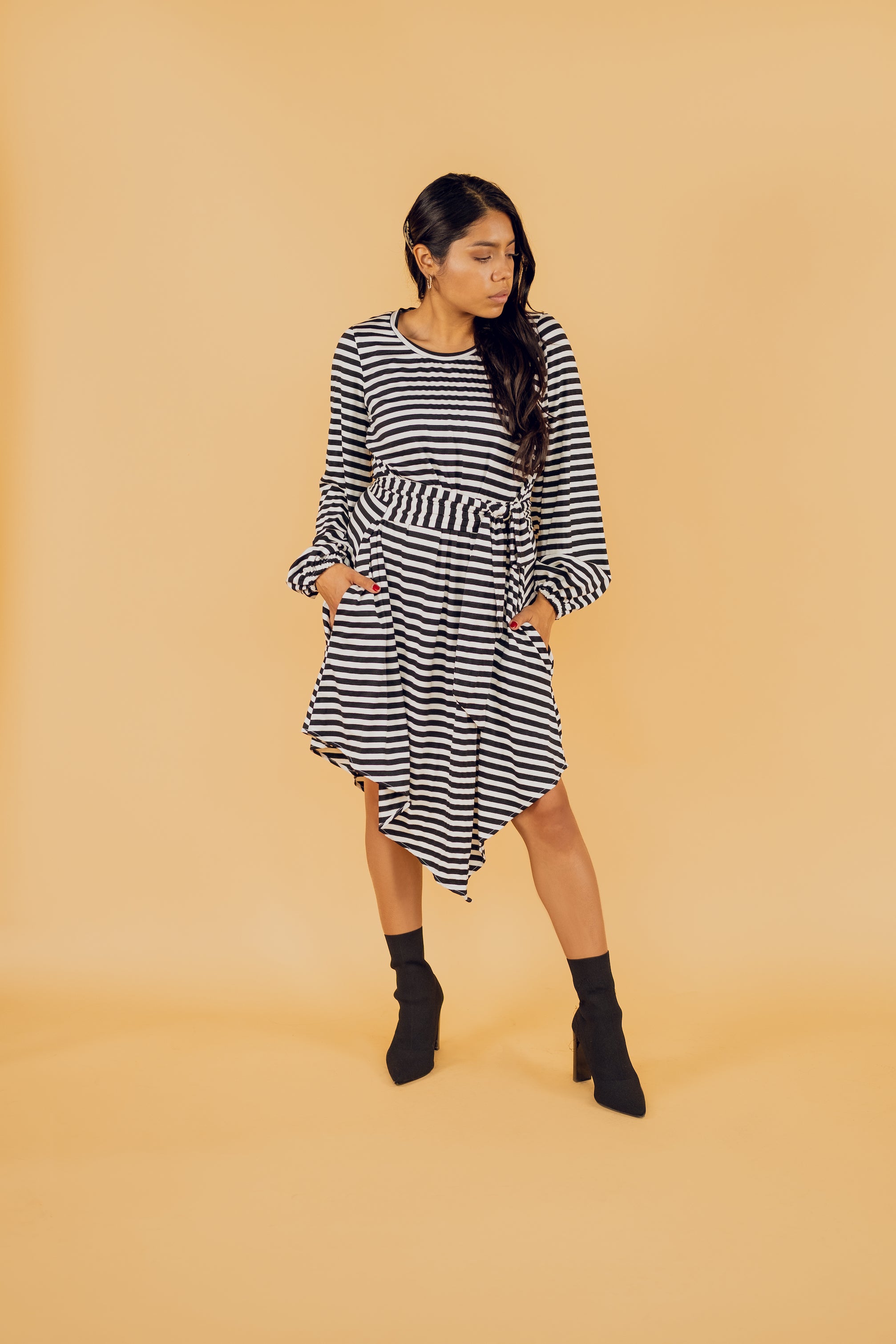 Long Sleeve Peplum Wrap Dress Xs/S / Black and White Stripe Long Sleeve Peplum Wrap Dress Xs/S / Black and White Stripe