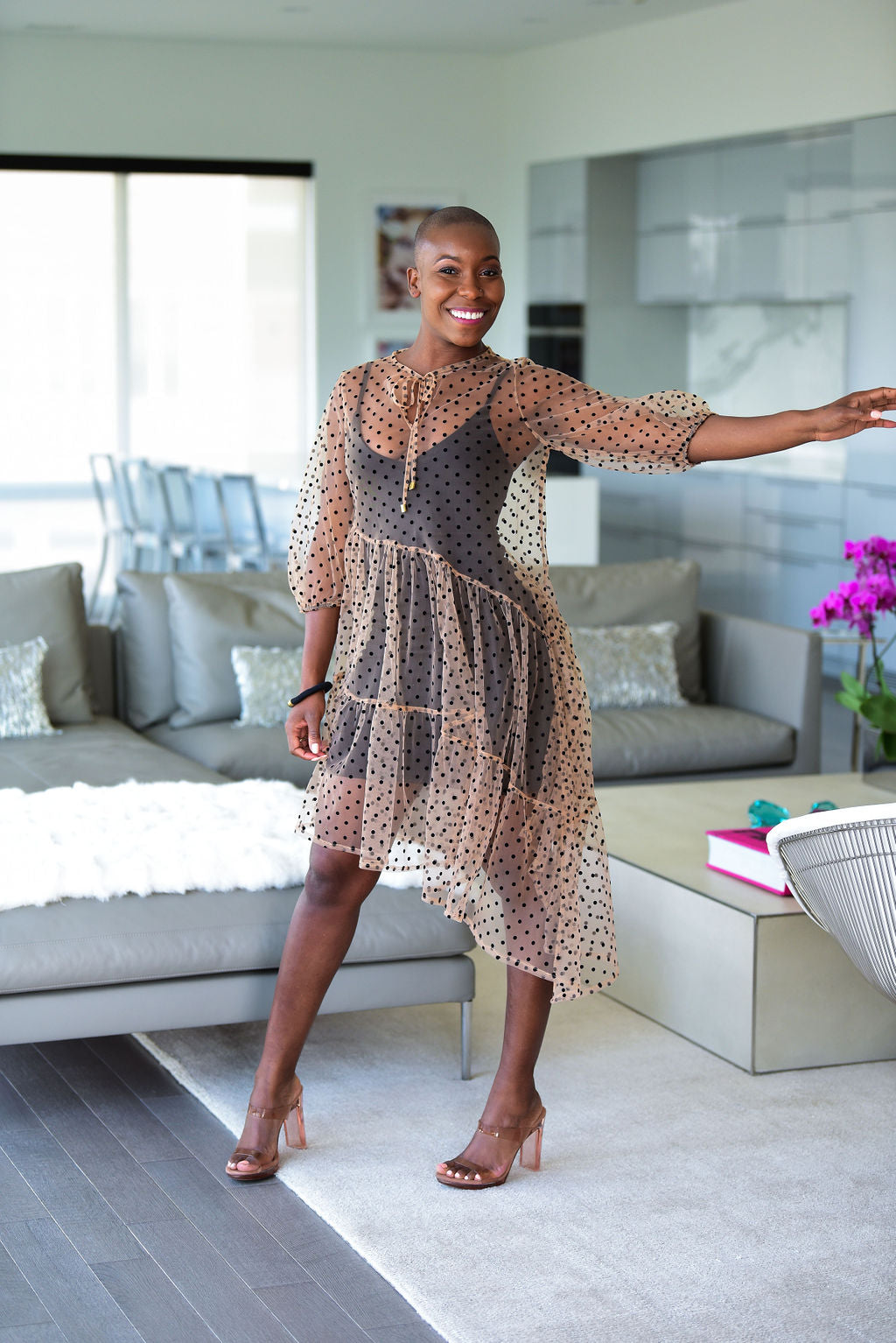 Three-Tiered Boho Dress M/L / Nude w/ Polka Dots Three-Tiered Boho Dress M/L / Nude w/ Polka Dots
